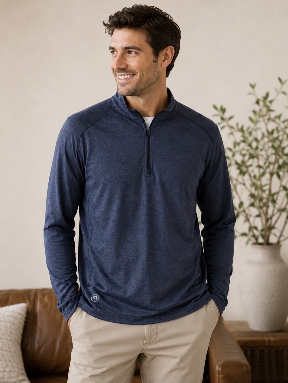 Travis Matthew Men's Heathered Navy 1/4 Zip Long Sleeve Top